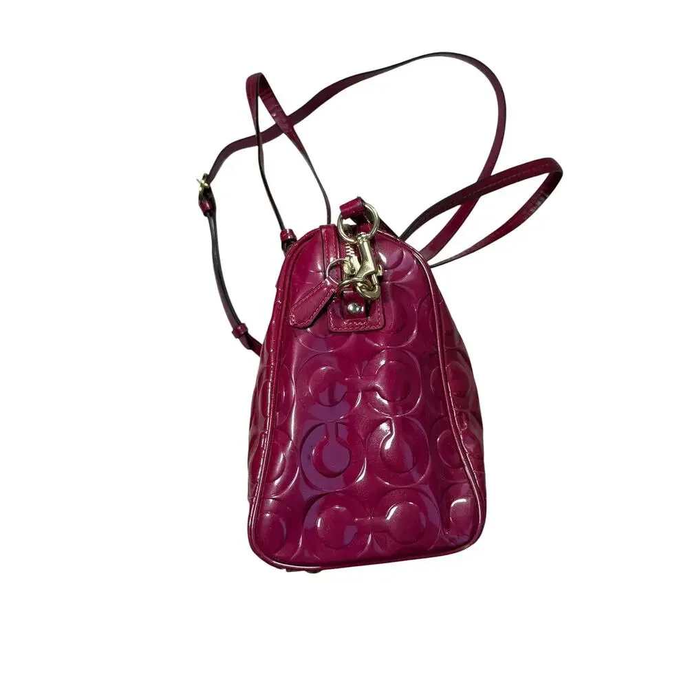 Coach Peyton OP Art Satchel Bag Shimmer Berry Logo Embossed